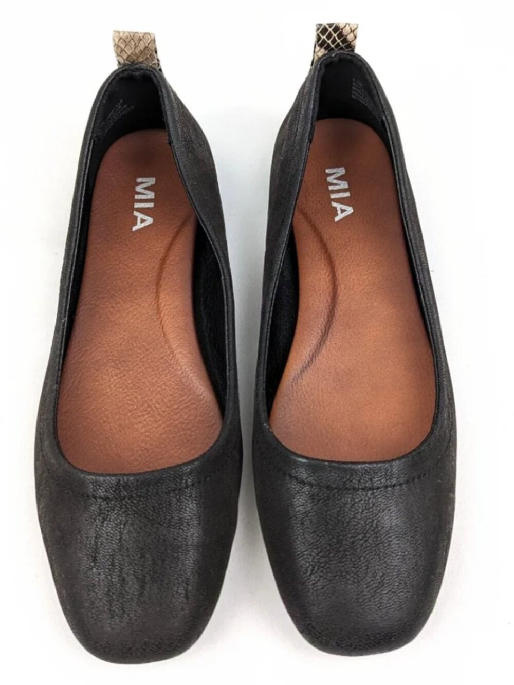MIA SZ 9 Lele Black Ballet Flats Snakeskin Trim Timeless Staple Comfort Modern